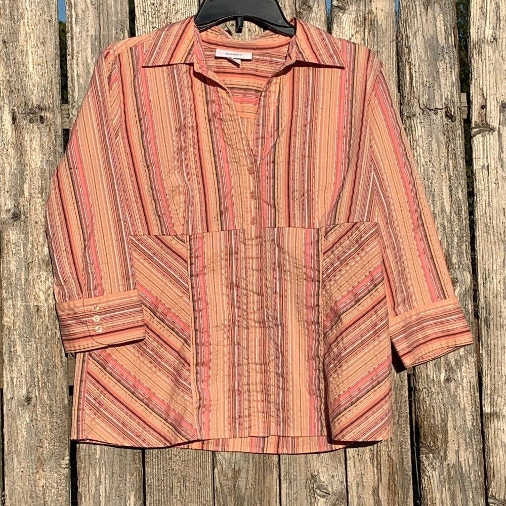 Women's Dressbarn Button-Up Peach/Grey Striped Blouse With 3/4 Sleeves Size L
